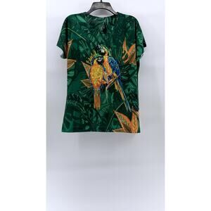 PIERIM Women's Green Sequin-Embellished Macaw Crewneck Short Sleeve Top SZ L